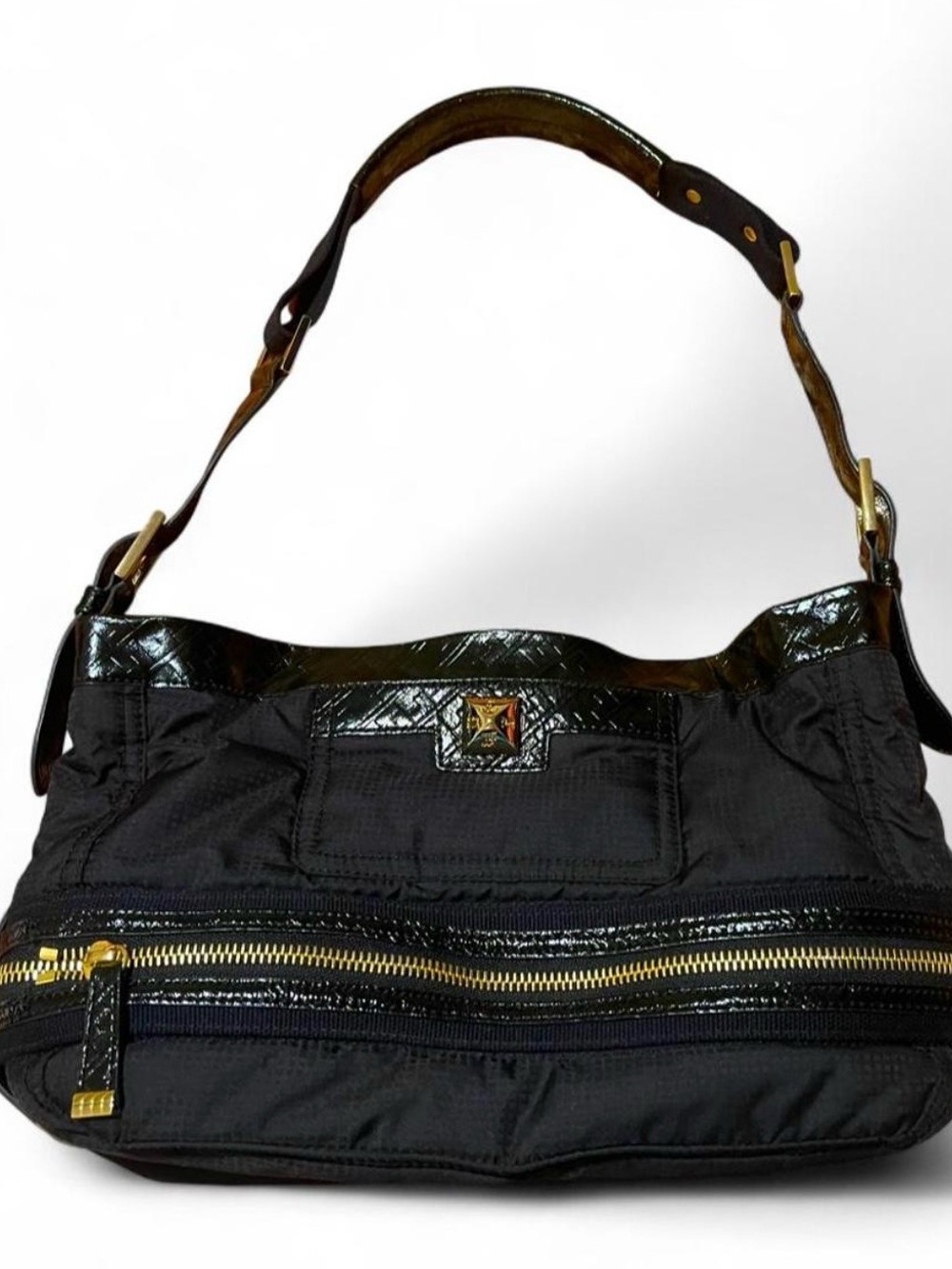 L.A.M.B. Gwen Stefani Black Nylon & Patent Leather Satchel Shoulder Bag